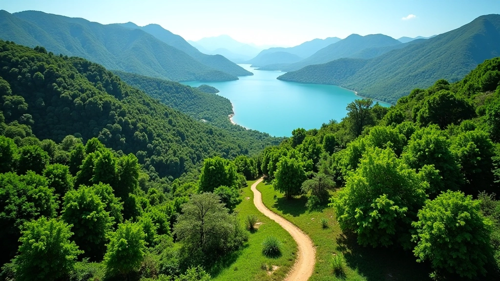 Vista aérea de un sendero de montaña que serpentea entre árboles tropicales, con el embalse azul brillante visible en la distancia