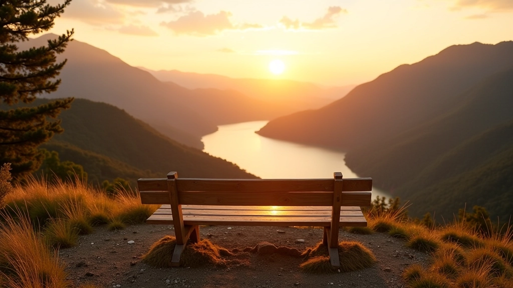 Banco de descanso con vista panorámica del lago en hora dorada