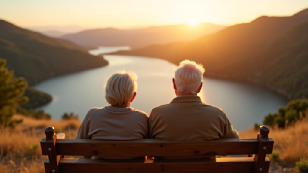 Pareja de jubilados sentados en una banca de madera con vista panorámica al lago entre montañas, luz dorada del atardecer
