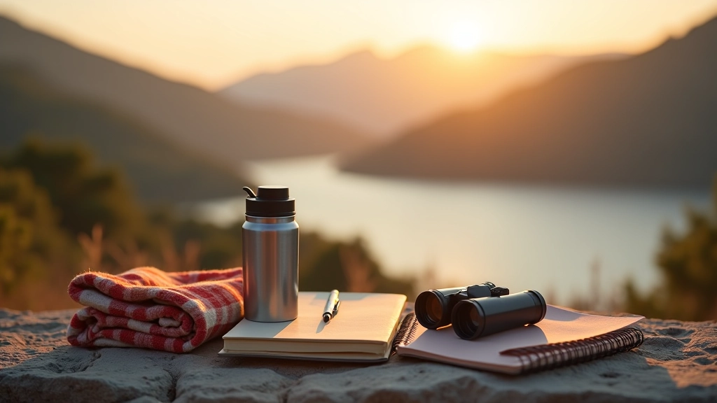 Detalle de equipo para un atardecer en el mirador: manta de picnic, termo con café, binoculares, libreta y pluma sobre una roca lisa