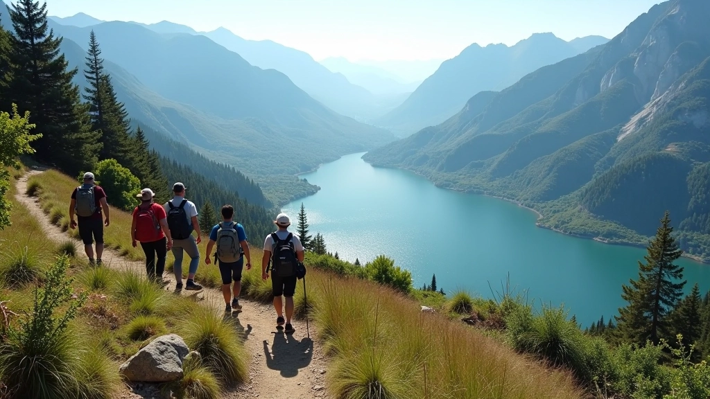 Grupo caminando en sendero de montaña con vista al lago