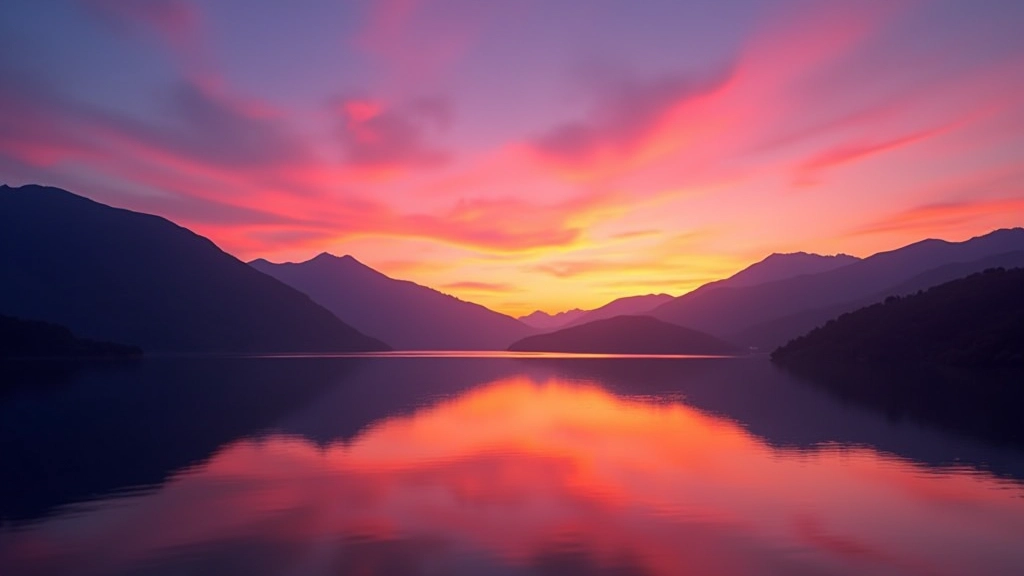 Cielo multicolor durante la puesta de sol: tonos naranjas, rosas, púrpuras y azules sobre las siluetas de las montañas