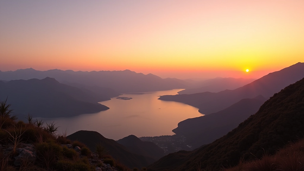 Mirador de montaña durante la hora dorada, con tonalidades anaranjadas y rosadas iluminando el cielo sobre el lago