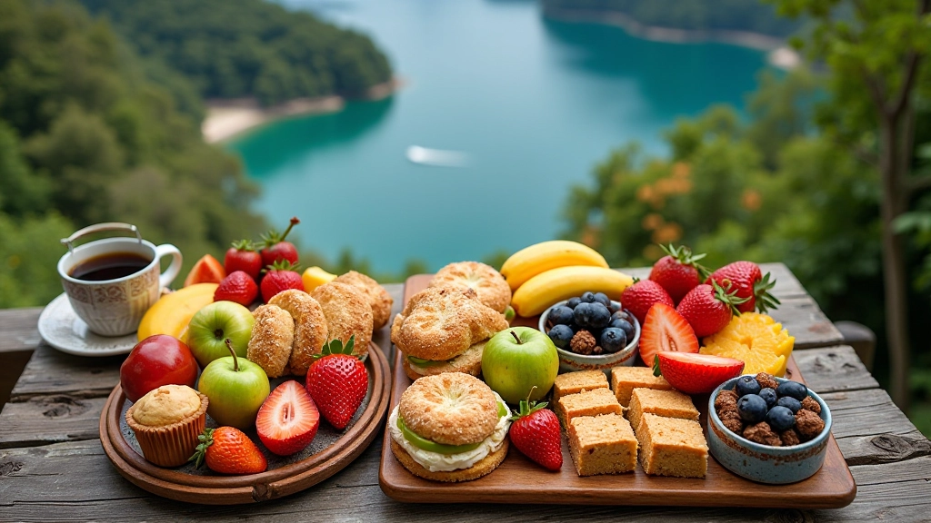 Bandeja de frutas variadas, sándwiches frescos y postres caseros dispuestos artísticamente sobre una mesa de madera rústica junto al agua