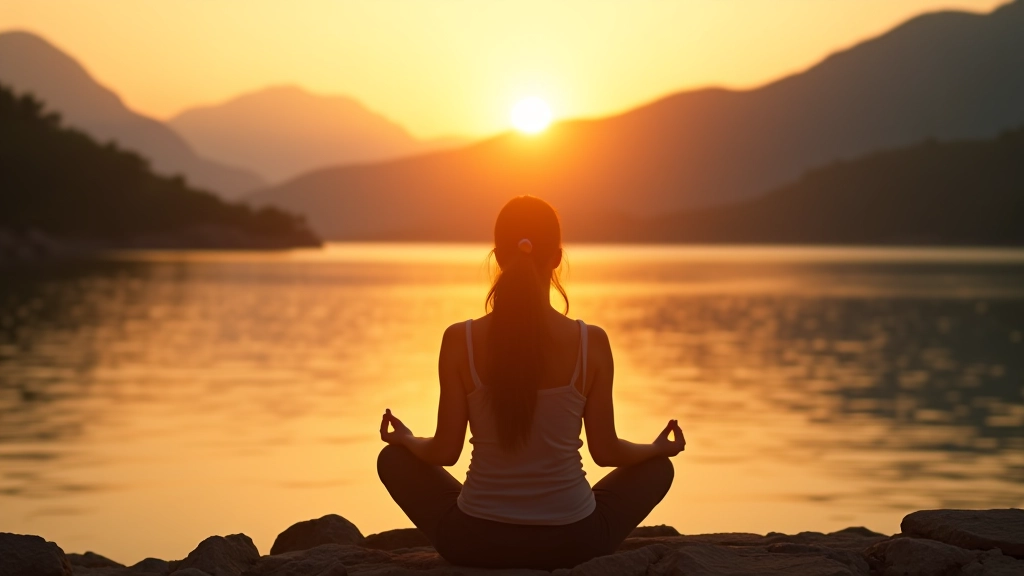 Persona meditando junto al lago al atardecer