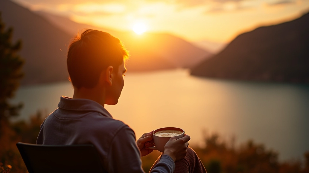 Persona disfrutando del atardecer junto al lago con una taza de café, sentada en una silla cómoda con vista panorámica del agua