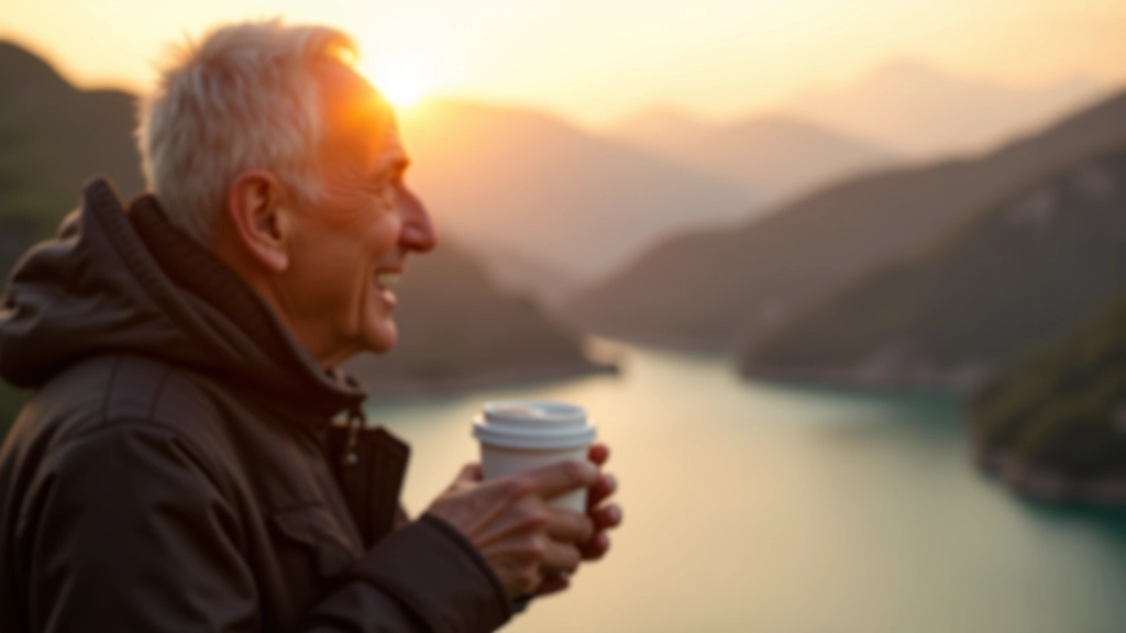 Persona sosteniendo una taza de café caliente con las montañas al fondo durante el atardecer