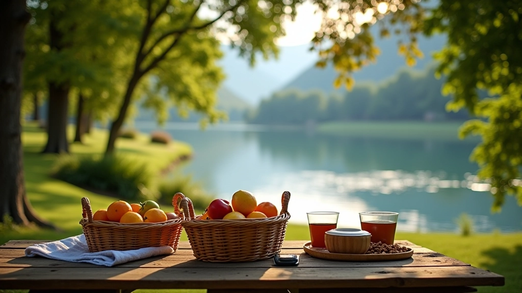 Mesa de picnic de madera bajo árboles frondosos junto a las aguas tranquilas del lago, con cestas de comida preparadas