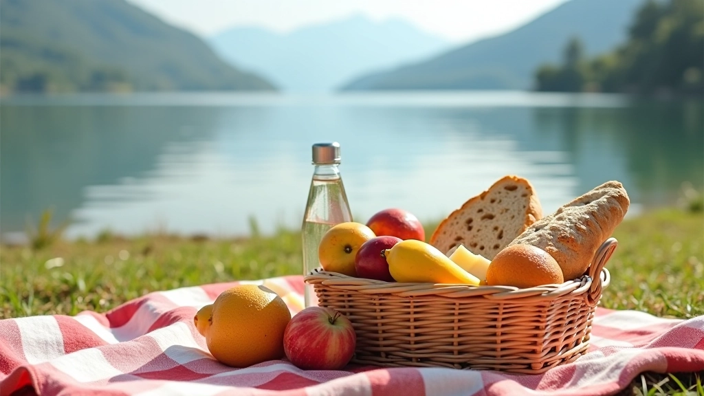 Canasta de picnic rústica llena de frutas frescas, quesos, pan casero y botellas de agua, sobre una manta a cuadros junto a la orilla del lago