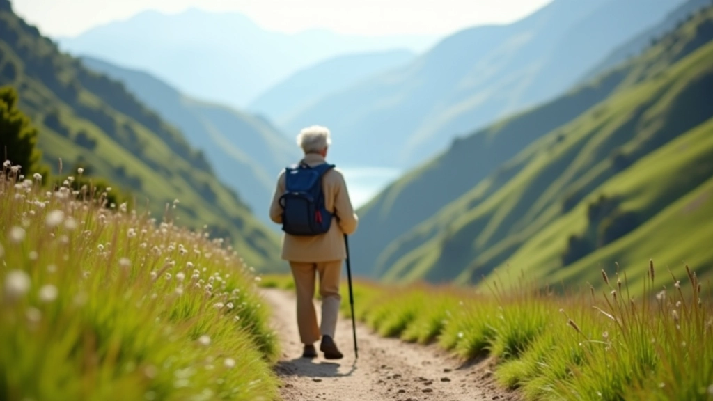 Persona de edad avanzada caminando lentamente por un sendero montañoso rodeado de vegetación verde, con bastón en mano, vista clara del camino adelante