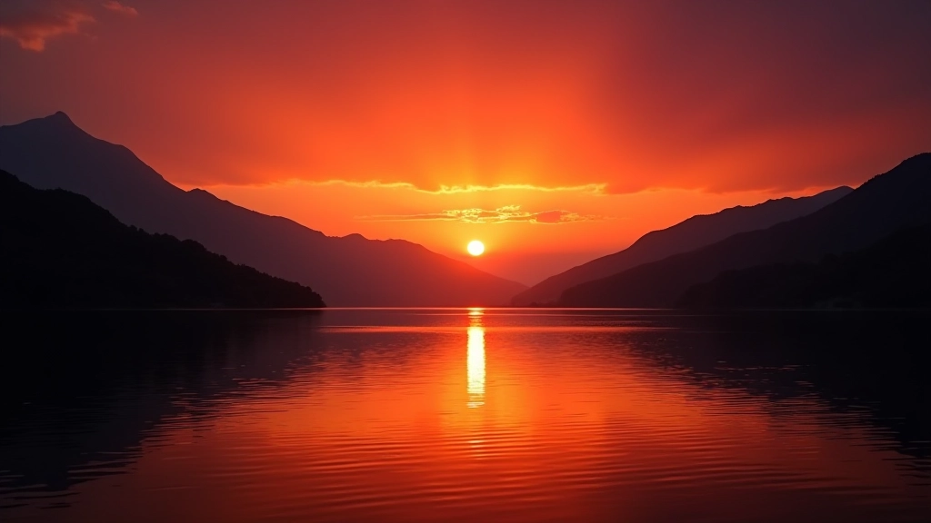 Atardecer espectacular sobre el embalse Dos Bocas con cielo naranja y rojo, reflejado en las aguas tranquilas, silueta de montañas al fondo