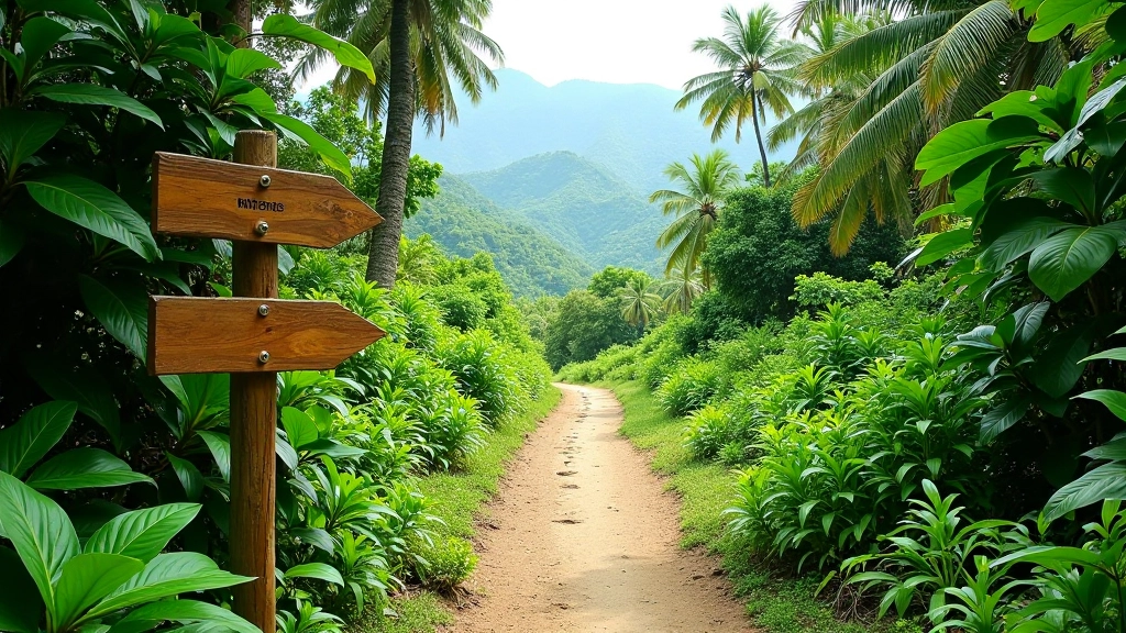 Sendero bien marcado rodeado de vegetación tropical exuberante, con señales de dirección de madera en una montaña
