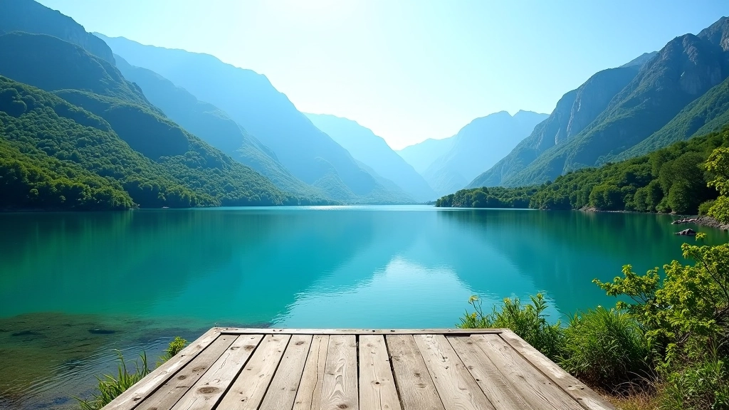 Vistas panorámicas del embalse Dos Bocas rodeado de montañas verdes, con un mirador de madera en primer plano, luz natural del mediodía